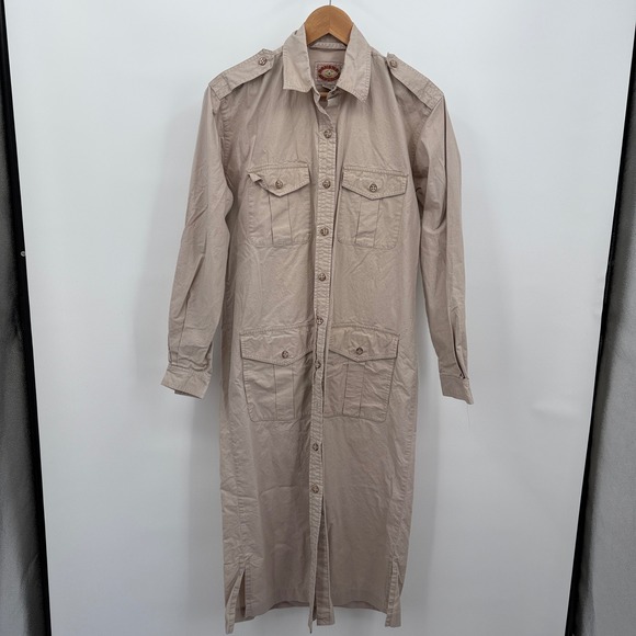 Vtg Banana Republic Shirt Dress Utility Pockets Long Sleeve Tan Midi Sz M Y2K 90 - Picture 1 of 12